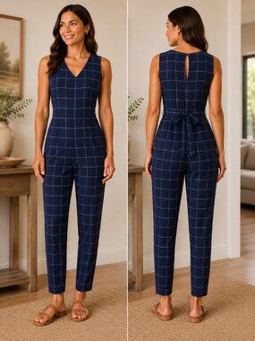 Lilac Clothing Women's Jumpsuit With Tie Waist Size XL Blue Windowpane Stretch